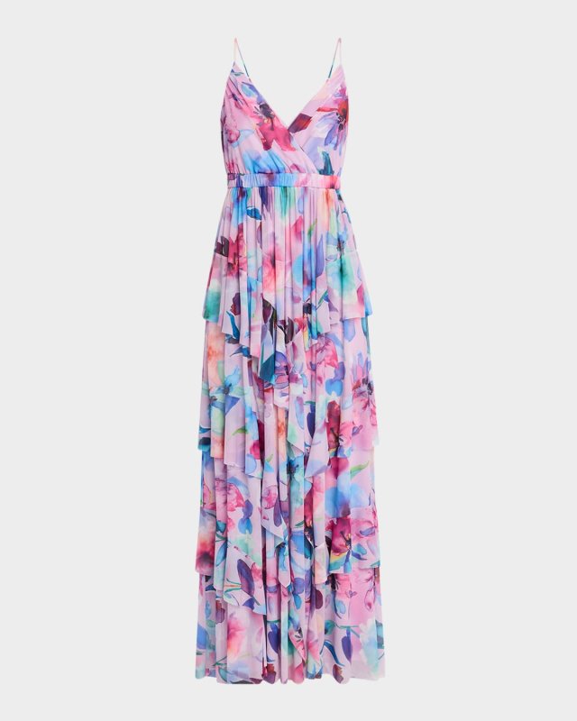 Zoey Tiered Watercolor-Print Mesh Maxi Dress